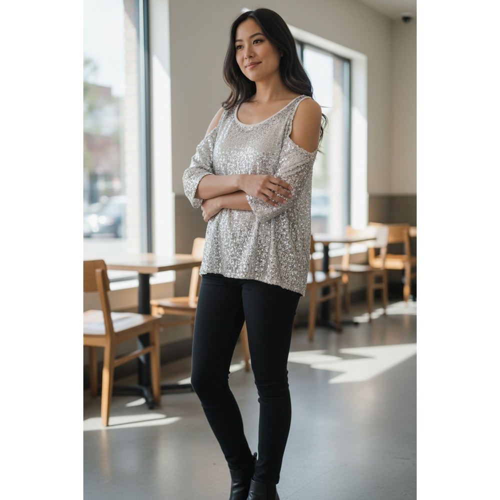 JM Collection Silver Sequin Off-the-Shoulder Cold Shoulder Blouse‎ Large
